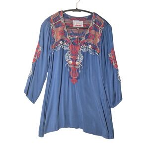 Johnny Was Biya Cheraz Blouse Embroidered Tunic Blue S Boho Western Festival NWT